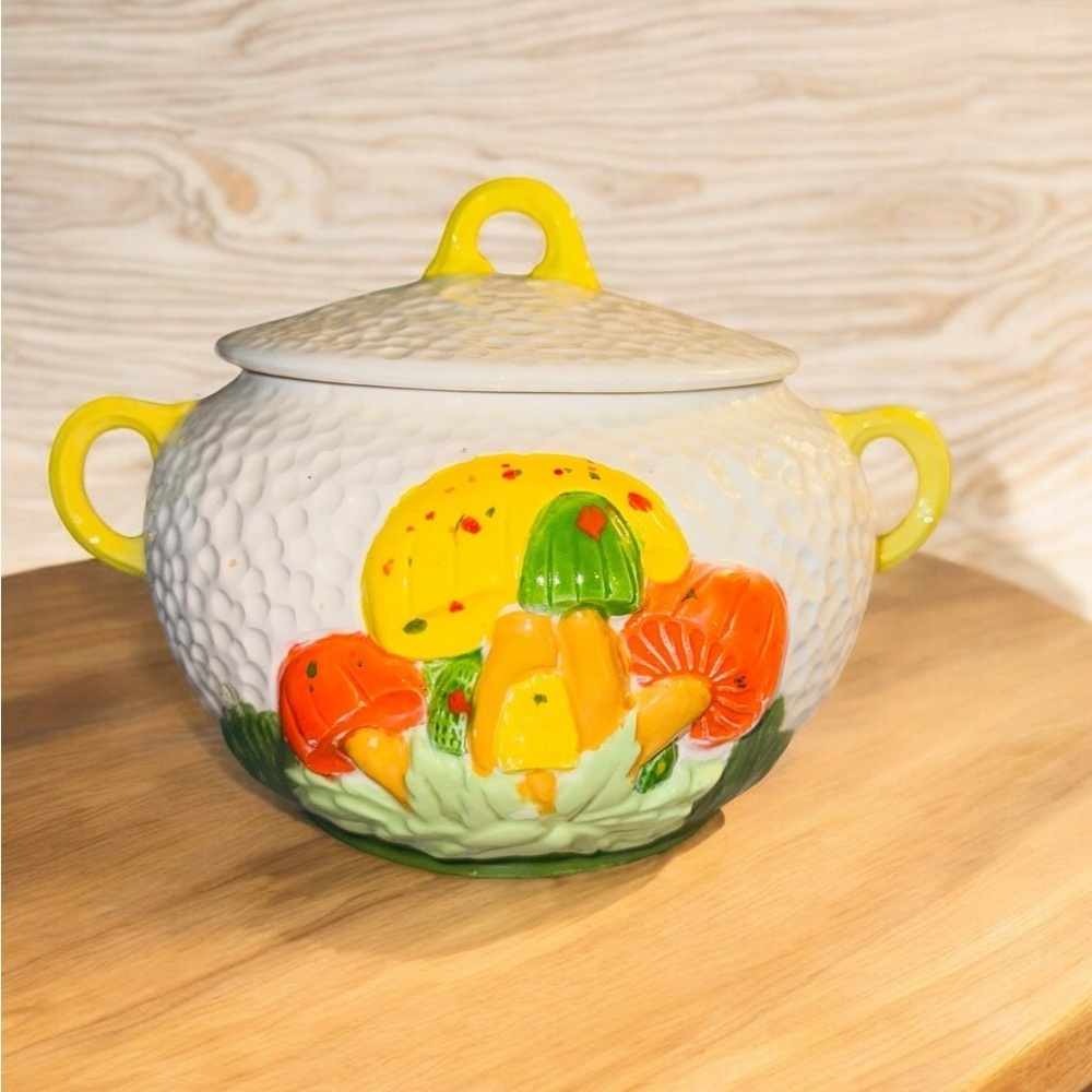 Vintage Hand Painted Mushroom Soup Tureen with Lid & Ladle